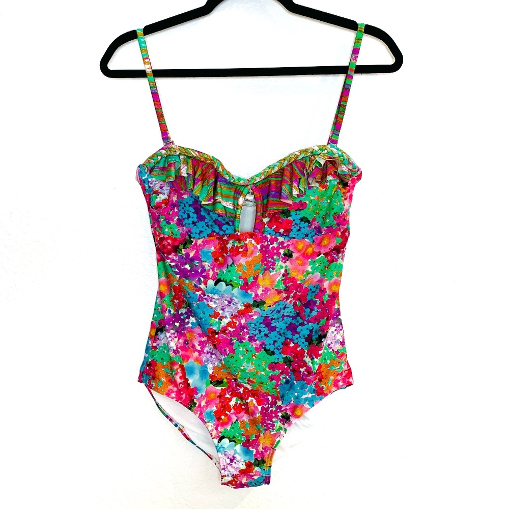 Relleciga Floral One Piece Swimsuit Large NWT Ruffle Adjustable Straps Keyhole